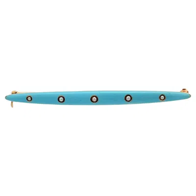 Pre-owned Non Branded Krementz 14k Yellow Gold Blue Enamel And Pearl Bar Pin Ca. 1910 Edwardian