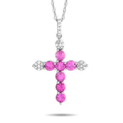 Non Branded Lb Exclusive 14k White Gold 0.09ct Diamond And Pink Sapphire Cross Necklace