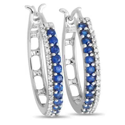 Non Branded Lb Exclusive 14k White Gold 0.15ct Diamond And Blue Sapphire Hoop Earrings Er28312 In Metallic