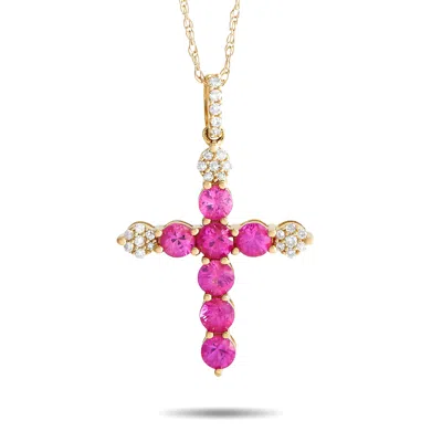 Non Branded Lb Exclusive 14k Yellow Gold 0.09ct Diamond And Pink Sapphire Cross Necklace Pn15011