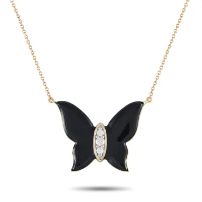 Non Branded Lb Exclusive 14k Yellow Gold 0.10ct Diamond And Onyx Butterfly Necklace Pn15297