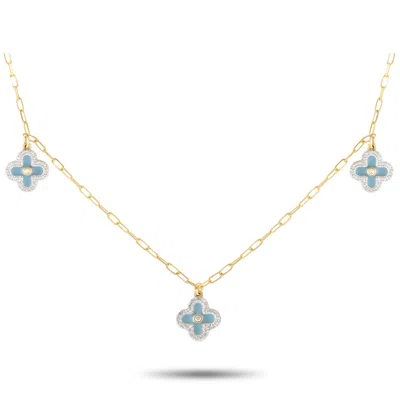 Non Branded Lb Exclusive 14k Yellow Gold 0.25ct Diamond And Blue Enamel Three Flower Necklace Nk01431