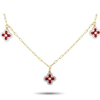 Non Branded Lb Exclusive 14k Yellow Gold 0.25ct Diamond And Red Enamel Three Flower Necklace Nk01431 In Gray