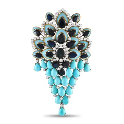 Non Branded Lb Exclusive 18k Yellow/white Gold 7.0 Ct Diamond, 25.0 Ct Sapphire, And Turquoise Brooch Mf08-05172