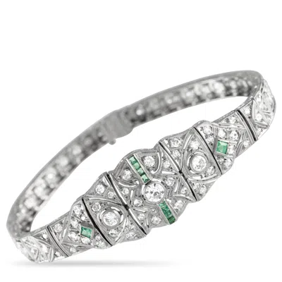 Non Branded Lb Exclusive Platinum 2.50ct Diamond And Emerald Art Deco Bracelet Mf10-012924 In Metallic