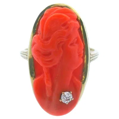 Pre-owned Non Branded Natural Undyed Coral Cameo 1915 Art Deco 16 Karat Ring In Red
