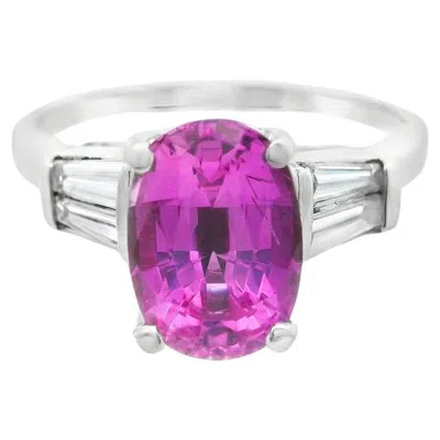 Pre-owned Non Branded Platinum Pink Sapphire And Baguette Diamond Ring With Agl Report