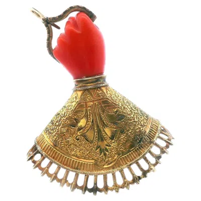 Pre-owned Non Branded Victorian 14k Yellow Gold Coral Hand Mano Figa Brooch/hook