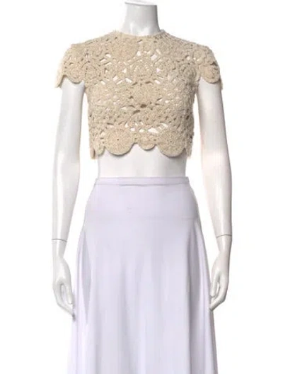 Pre-owned Nonchalant Lace Pattern Crew Neck Crop Top In Neutrals