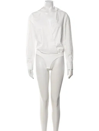 Pre-owned Nonchalant V-neck Long Sleeve Bodysuit In White