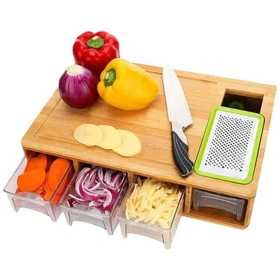 None Large Bamboo Cutting Board With Containers, Food Prep Station Cutting Board With Storage