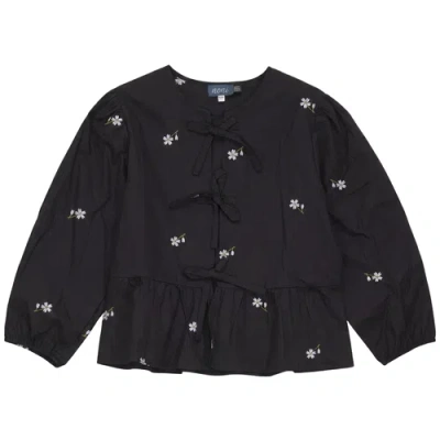 Noni Embroidered Bow Puff Sleeve Cotton Blouse In Black