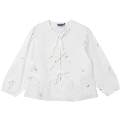 Noni Embroidered Bow Puff Sleeve Cotton Blouse In White