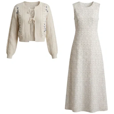 Noni Eyelet Floral Lined Jumper Dress With Rib Trim Cardigan 2 Piece Set In Neutral