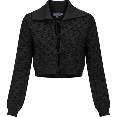 Noni Eyelet Knit Lace-up V-neck Sweater In Black