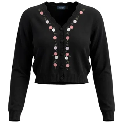 Noni Floral Embroidered Scalloped V-neck Knit Cardigan In Black