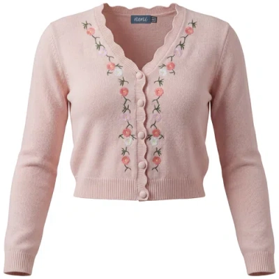 Noni Floral Embroidered Scalloped V-neck Knit Cardigan In Pink