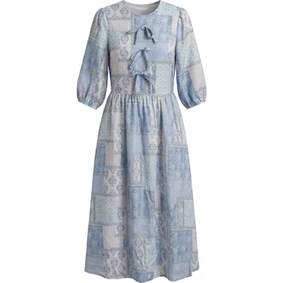 Noni Floral Print Woven Round Neckline And Puff Sleeves Dress In Blue