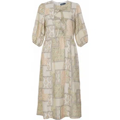 Noni Floral Print Woven Round Neckline And Puff Sleeves Dress In Neutral