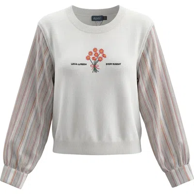 Noni Linen Stripe Sleeve Button Cuff Knit Sweater In Multi
