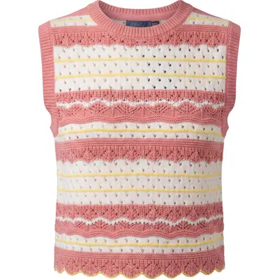 Noni Pointelle Striped Cotton Scalloped Hem Vest In Pink