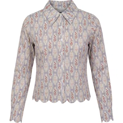 Noni Striped Button Front Scalloped Hem Blouse In Blue
