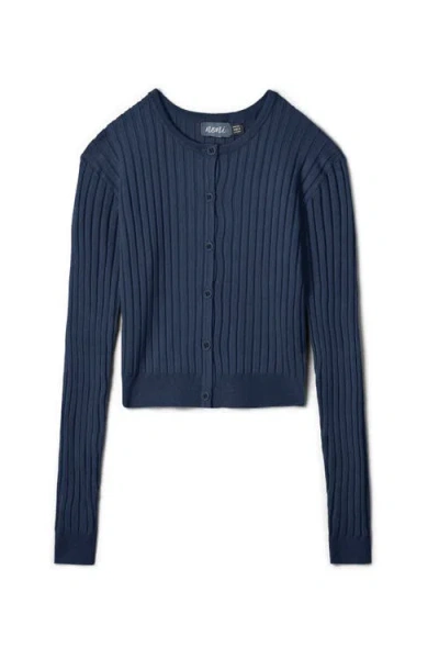 Noni Wide Rib Button Front Knit Cardigan Sweater In Blue
