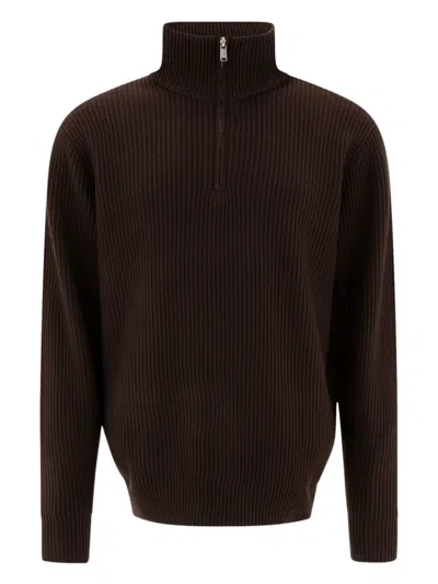 NONNATIVE RIBBED HIGH-NECK ZIP-UP SWEATER