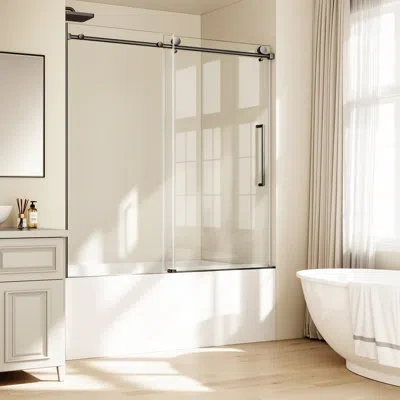 Nono 60" W X 58" H Frameless Shower Door, Sliding Glass Shower Door For Bathtub Shower And Bathroom Renov In Matte Black