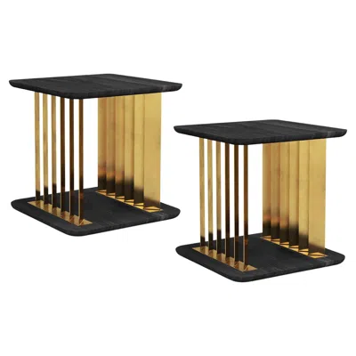Pre-owned Nono Set Of Two Plateau Side Tables, Night Stand In Black Wood And Brass Structure