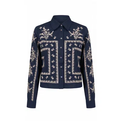 Nooki Design Women's Blue Sienna Embroidered Cropped Shirt In Dark Navy