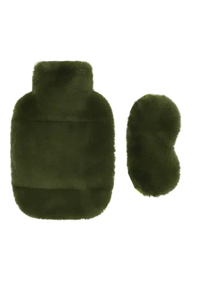 Nooki Design Women's Green Faux Fur Hot Water Bottle And Eye Mask Set-olive