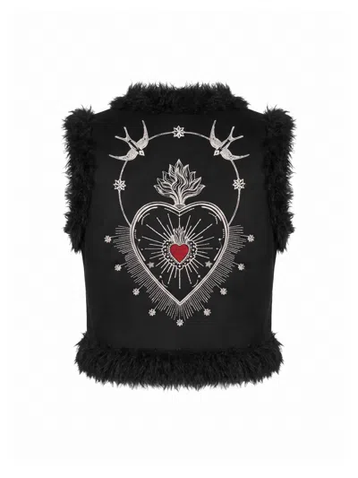 Nooki Design Women's Sacred Heart Embroidered Faux Fur Gilet - Black