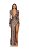 Nookie Sensation Plunge Long Sleeve Gown In 브론즈