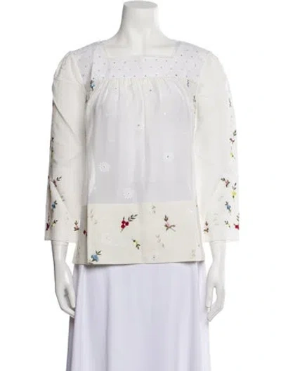 Pre-owned Noon By Noor Floral Print Square Neckline Blouse W/ Tags In White
