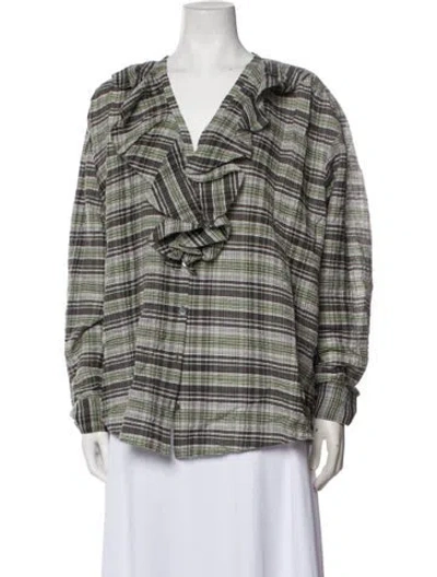Pre-owned Noon By Noor Plaid Print V-neck Blouse In Brown