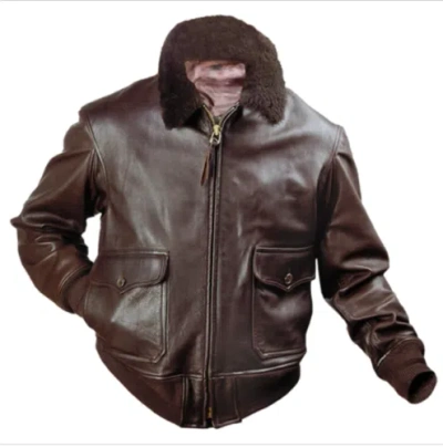 Pre-owned Noora G-1 Aviator A-2 Bomber Navy Flight Real Lambskin Brown Leather Jacket For Mens