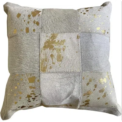 Noori Rug Cowhide Patchwork Gold Foil Throw Pillow In Gray;beige;gold;ivory