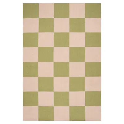 Pre-owned Nordic Knots Square Green/pink Dhurrie/kilim Rug In Scandinavian Design In Sand