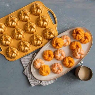 Nordic Ware Fluted Cake Panlette Pan 75th Anniversary Braided Fluted Cake Pan Bites, Gold