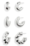 Nordstrom 3-pack Twisted Chunky Hoop Earrings In Rhodium