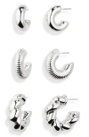 Nordstrom 3-pack Twisted Chunky Hoop Earrings In Rhodium