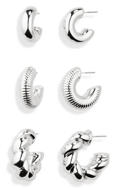 Nordstrom 3-pack Twisted Chunky Hoop Earrings In Rhodium