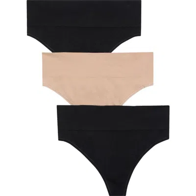Nordstrom 3-pack Seamless Thongs In Black- Tan Multi