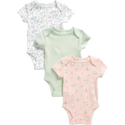 Nordstrom Assorted 3-pack Bodysuits In White- Green Floral Pack