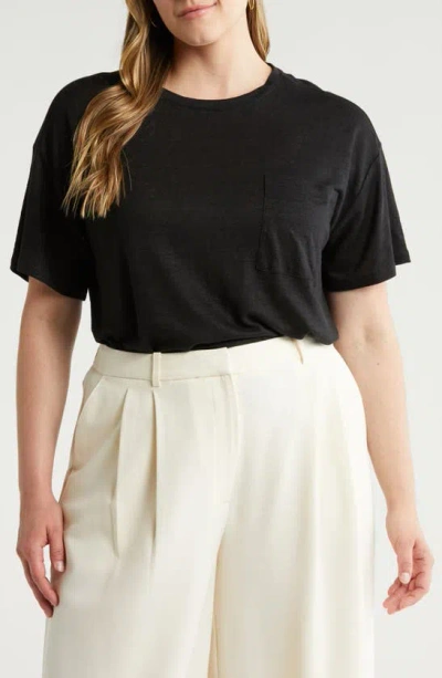 Nordstrom Boxy Linen Pocket T-shirt In Black