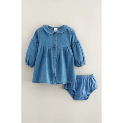 Nordstrom Babies'  Bubble Sleeve Chambray Dress & Bloomers Set In Blue