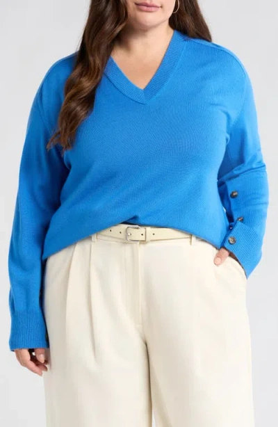 Nordstrom Button Detail Wool V-neck Sweater In Blue Palace