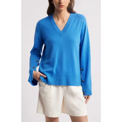Nordstrom Button Detail Wool V-neck Sweater In Blue Palace