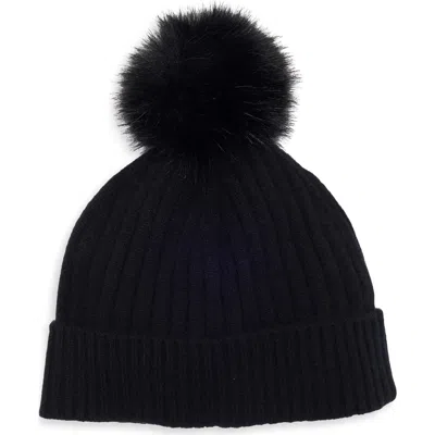 Nordstrom Cashmere Rib Beanie With Pom In Black Rock